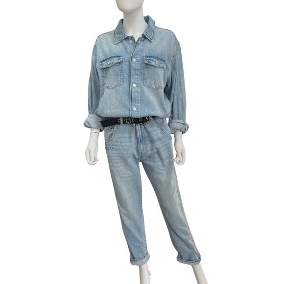 Zara Lightwash Denim Long Sleeve Button Front Jumpsuit NWT Size L - Picture 1 of 8